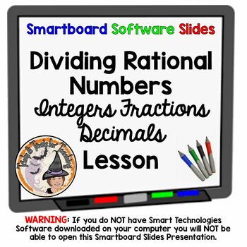 Preview of FREE Dividing Rational Numbers Smartboard Lesson Integers Fractions Decimals