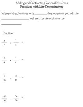 Preview of Rational Numbers Notes - Adding and Subtracting Fractions with Like Denominators