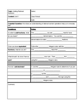 Preview of Rational Numbers Operations Cornell Notes