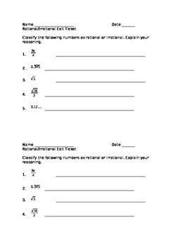 Preview of Rational and Irrational Numbers Exit Ticket