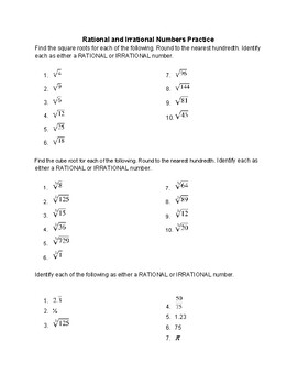 Preview of Rational and Irrational Numbers Worksheet