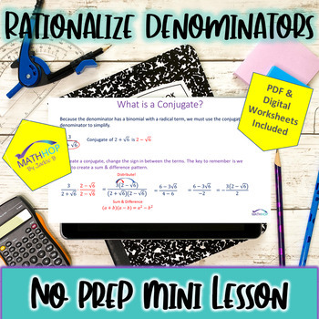 Rationalize Denominators Using Conjugates PPT Lesson & Worksheet Remote