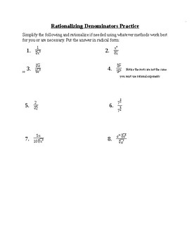 Preview of Rationalizing Denominators Worksheet