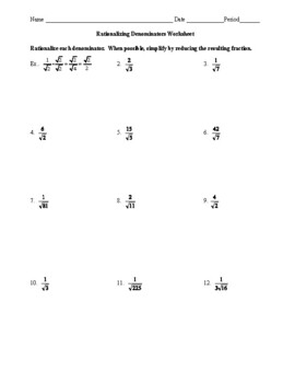 Preview of Rationalizing the Denominator Worksheet
