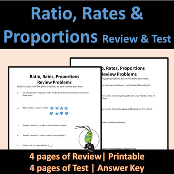 Preview of Ratios, Rates, Proportions Review and Test PreAlgebra