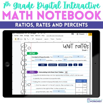 Preview of Ratios, Rates, Proportions and Percents Digital Interactive Notebook - 7th Grade
