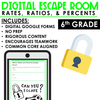 Preview of Math Escape Room Ratios, Rates, Percent | Digital and Print