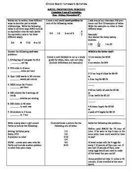 Preview of Ratios, Rates, and Unit Rates Choice Board