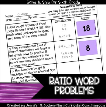 Preview of Ratio Word Problems | Interactive Solve and Snip® | TEKS 6.2c | CCSS 6.RP.2