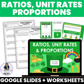 Preview of Ratios Unit Rates Proportions St Patricks Day Theme Google Slides Game Practice