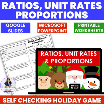 Preview of Ratios Unit Rates Solving Proportions 6th Grade Math Holiday Game Google Slides