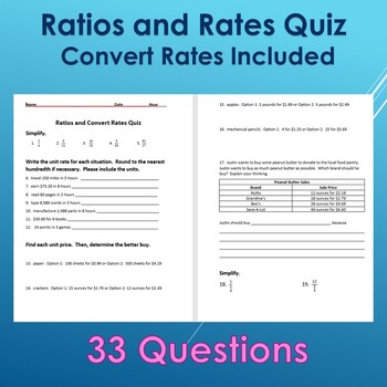 Preview of Ratios and Convert Rates Quiz