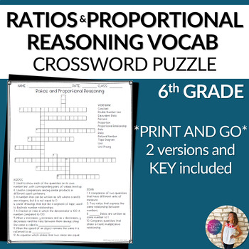 Ratios and Proportional Reasoning Vocabulary Math Crossword Puzzle 6th