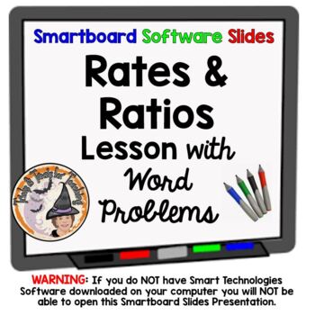 Preview of Rates and Ratios Smartboard Slides Lesson with Applications Word Problems