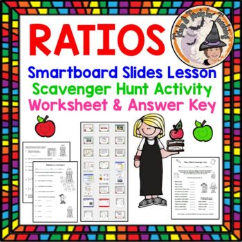 Preview of Ratios Smartboard Lesson Scavenger Hunt Activity Worksheet & Answer KEY
