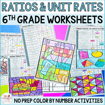 Preview of Ratios and Unit Rates 6th Grade Color by Number Worksheets 6.RP.1 6.RP.2 6.RP.3