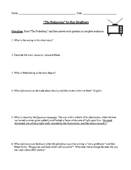 Preview of Ray Bradbury: "The Pedestrian" Worksheet (or Test) with Detailed Answer Key