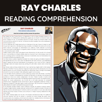 Preview of Ray Charles Reading Comprehension Worksheet | Blues and Jazz Music