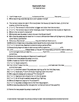Preview of Raymond's Run by Toni Cade Bambara Complete Guided Reading Worksheet