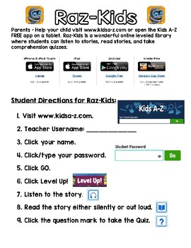 Preview of Raz-Kids Directions Parent Letter