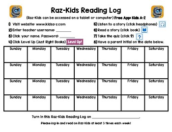 Preview of Raz-Kids Reading Log for the MONTH