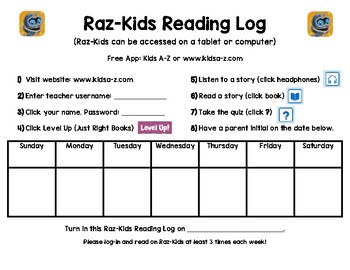 raz kids reading log for the week by katie sackner tpt