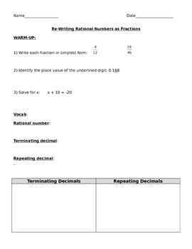 Preview of Re-Writing Rational Numbers as Decimals and Fractions Guided Notes