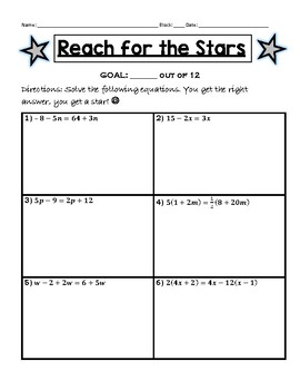 Preview of Reach for the Stars Activity- Solving Equations with Variables on Both Sides