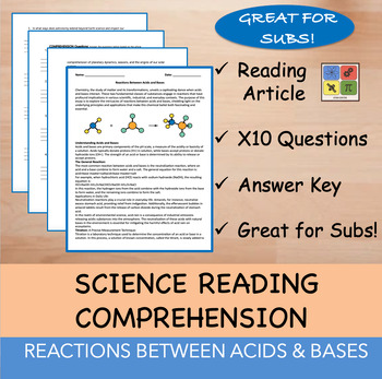 Preview of Reactions between Acids & Bases - Reading Passage and x 10 Questions (EDITABLE)