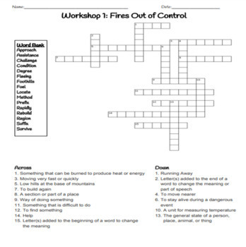 Read 180 Stage A Workshop 1: Fires Out of Control Crossword Puzzle