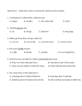 Animal Facts: OSTRICHES Worksheet w/6 Multiple Choice Qs Reading ...