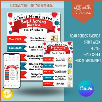 Preview of Read Across America Flyer Template Spirit Week Flyer Editable Printable Handout