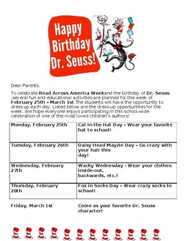 Preview of Read Across America Parents' letter/ flyer (Editable resource)