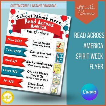 Preview of Read Across America Printable Flyer Template Spirit Week Flyer Editable Handout
