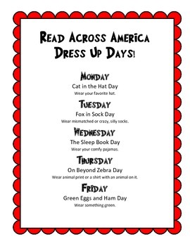 Preview of Read Across America Week Dress Up Days