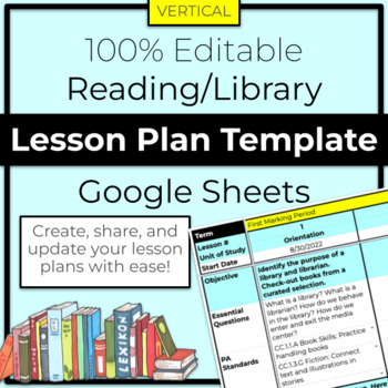 Preview of Read Aloud/School Library Lesson Planner 100% EDITABLE GOOGLE SHEETS Vertical
