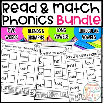 Preview of Read & Match No-Prep Phonics Worksheets for Kindergarten & First Grade - Bundle