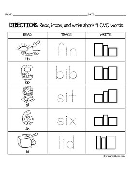 Read, Trace, and Write Short i CVC Words by primaryrainbows | TpT