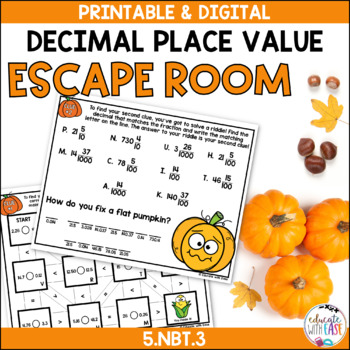 Preview of Read Write Compare Decimals Place Value DIGITAL Fall Pumpkin ESCAPE ROOM 5.NBT.3