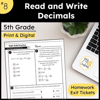Preview of Read and Write Decimals Worksheets, Exit Tickets, & HW -iReady Math 5th Grade L8