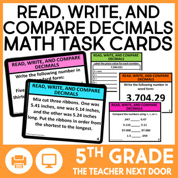 Preview of FREE 5th Grade Read, Write, and Compare Decimals Task Cards Math Center Game