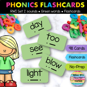 Preview of RWI Phonics Set 2 Flashcard Bundle: Green word cards and sound cards for reading