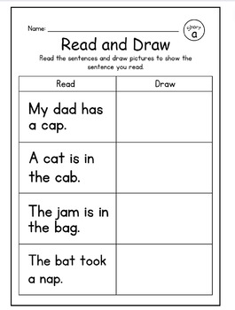 Read and Draw, Short Vowel CVC worksheets, CVC practice, vowel sounds