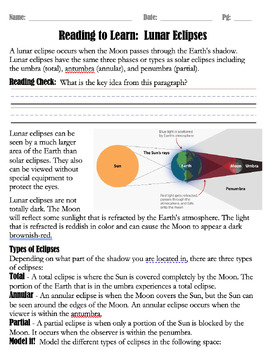 Preview of Read to Learn - Lunar Eclipses - Introductory Earth Science and Astronomy