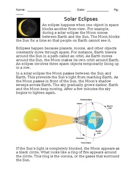 Preview of Read to Learn -Solar Eclipses - Introductory Earth Science and Astronomy