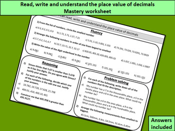 Preview of Read, write and understand the place value of decimals - mastery worksheet