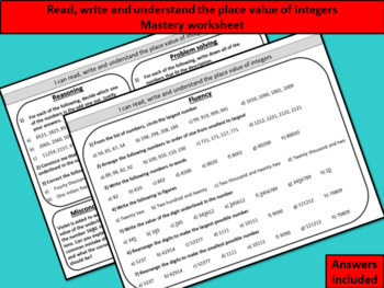 Preview of Read, write and understand the place value of integers - mastery worksheet