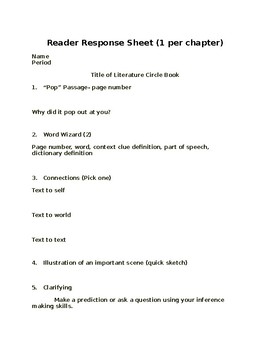 Preview of Reader Response Sheet
