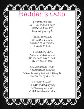 Preview of Reader's Oath Poem Poster, Chalkboard Classroom theme, Readers' Workshop