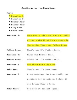 Preview of Reader's Theater: Goldilocks and the Three Bears with highlighted parts